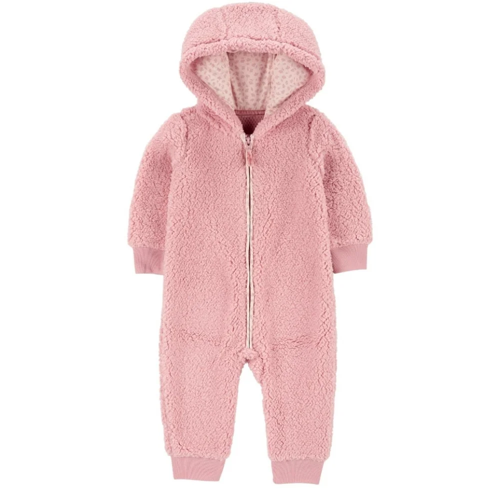 Carter's Baby Girl Pink Faux Sherpa Hooded Jumpsuit Size 12 Months